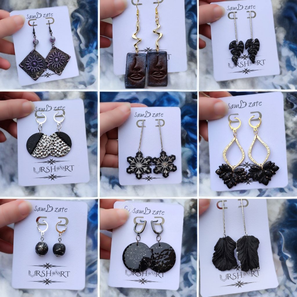 A collection of handmade polymer clay earrings featuring elegant designs crafted from black clay, enhanced with accents of shimmering silver and gold leaf, showcasing a mix of styles including dangle earrings and studs.